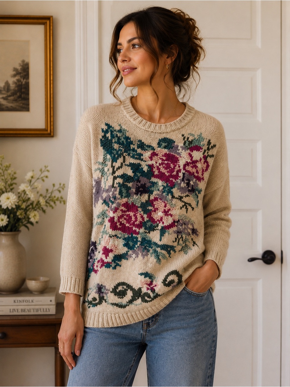 Vintage Floral Crewneck Sweater - Beige